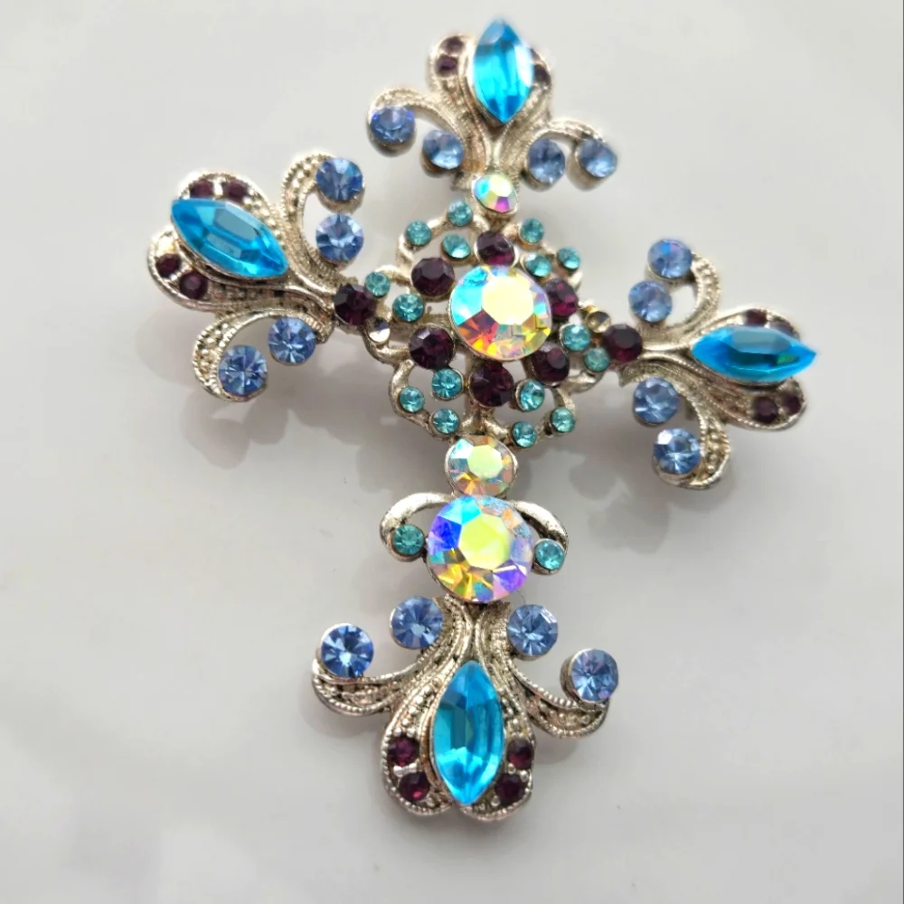 Vintage Rhinestone Cross Brooch Pendant Blue AB Gothic Y2K